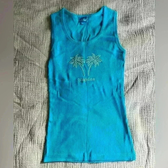 Blue 100% Cotton Tank Top with Palm Tree Rhinestone Design Naples - Size S - Picture 3 of 9